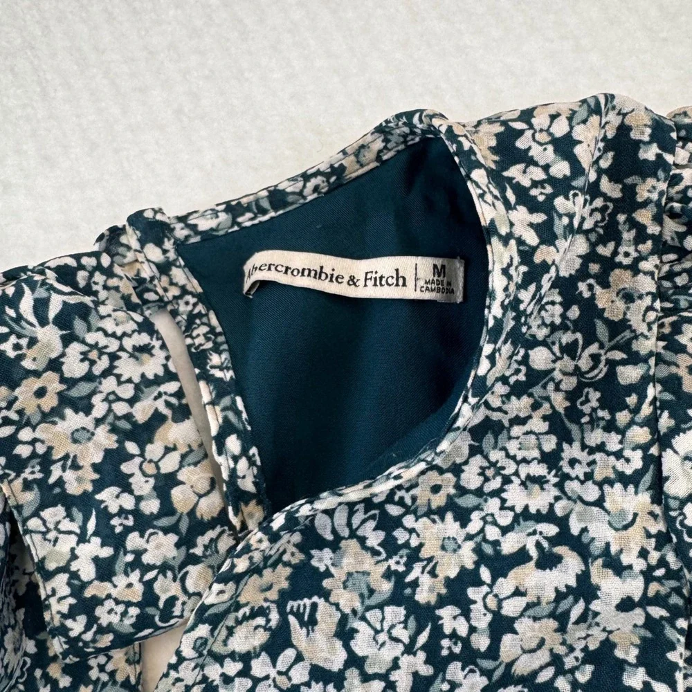 Abercrombie Fitch Floral Puff Sleeve Tie Back Blouse Top Womens M Emerald Green